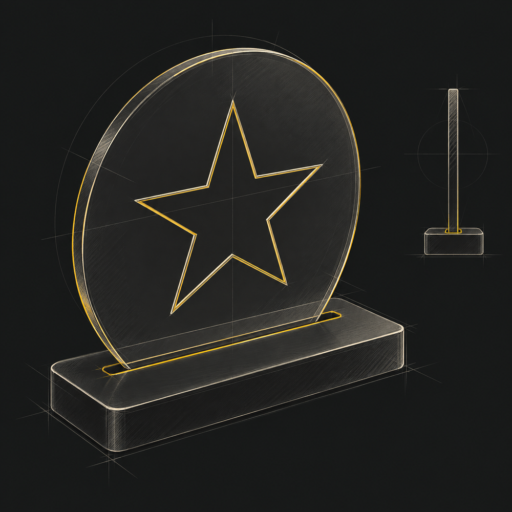 Esquisse de concept d’une plaque de logo sur socle pour un bureau.