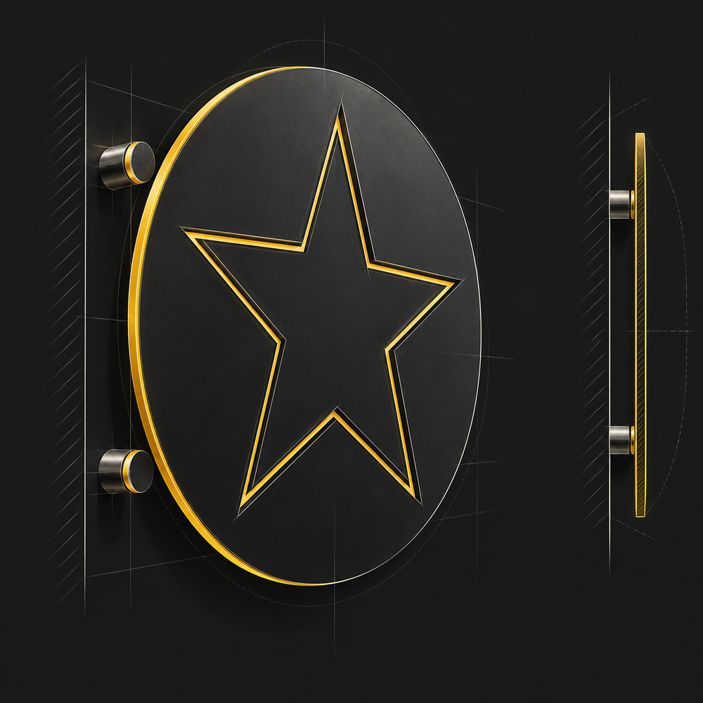 Esquisse de concept d’une plaque murale avec vue de profil et fixations.