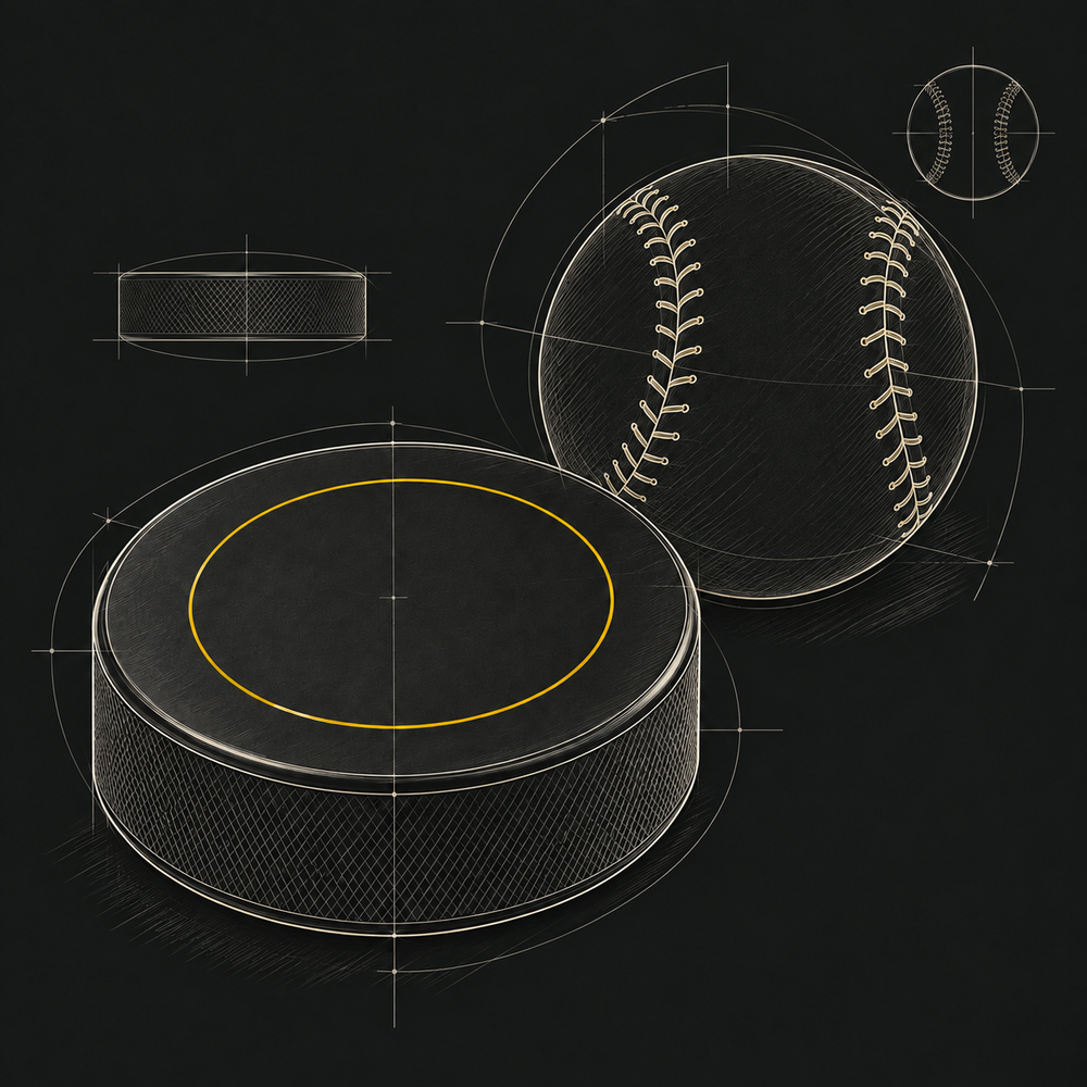 Esquisse au trait d’une rondelle de hockey et d’une balle de baseball sur fond foncé.