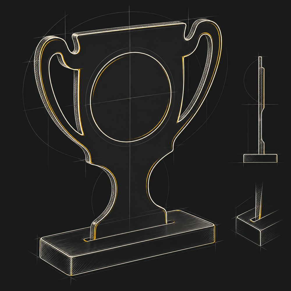 Esquisse de concept d’un trophée plat découpé en forme de coupe et posé sur un socle.