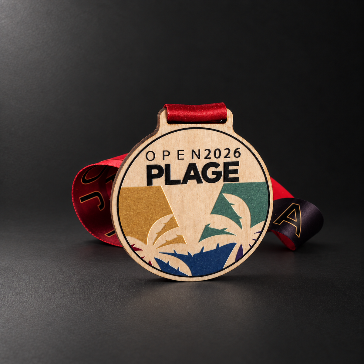 Médaille Open Plage 2026 en merisier baltique ¼ po avec motif de palmiers et ruban rouge, sur fond graphite.